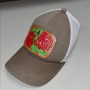 Source Unknown Brown and White Hat with Red Rose Leather Patch